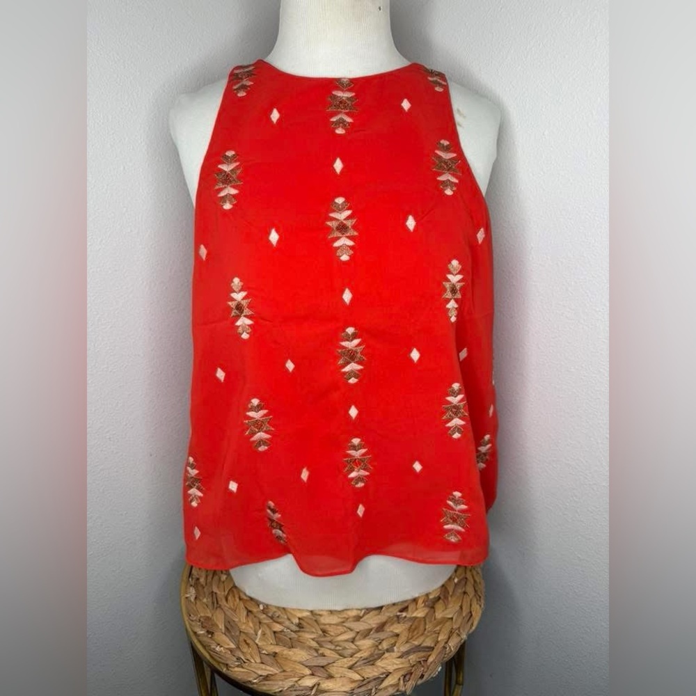 Miss Me Sleeveless Blouse Red Aztec gold Embroidered top high neck boho NWOT